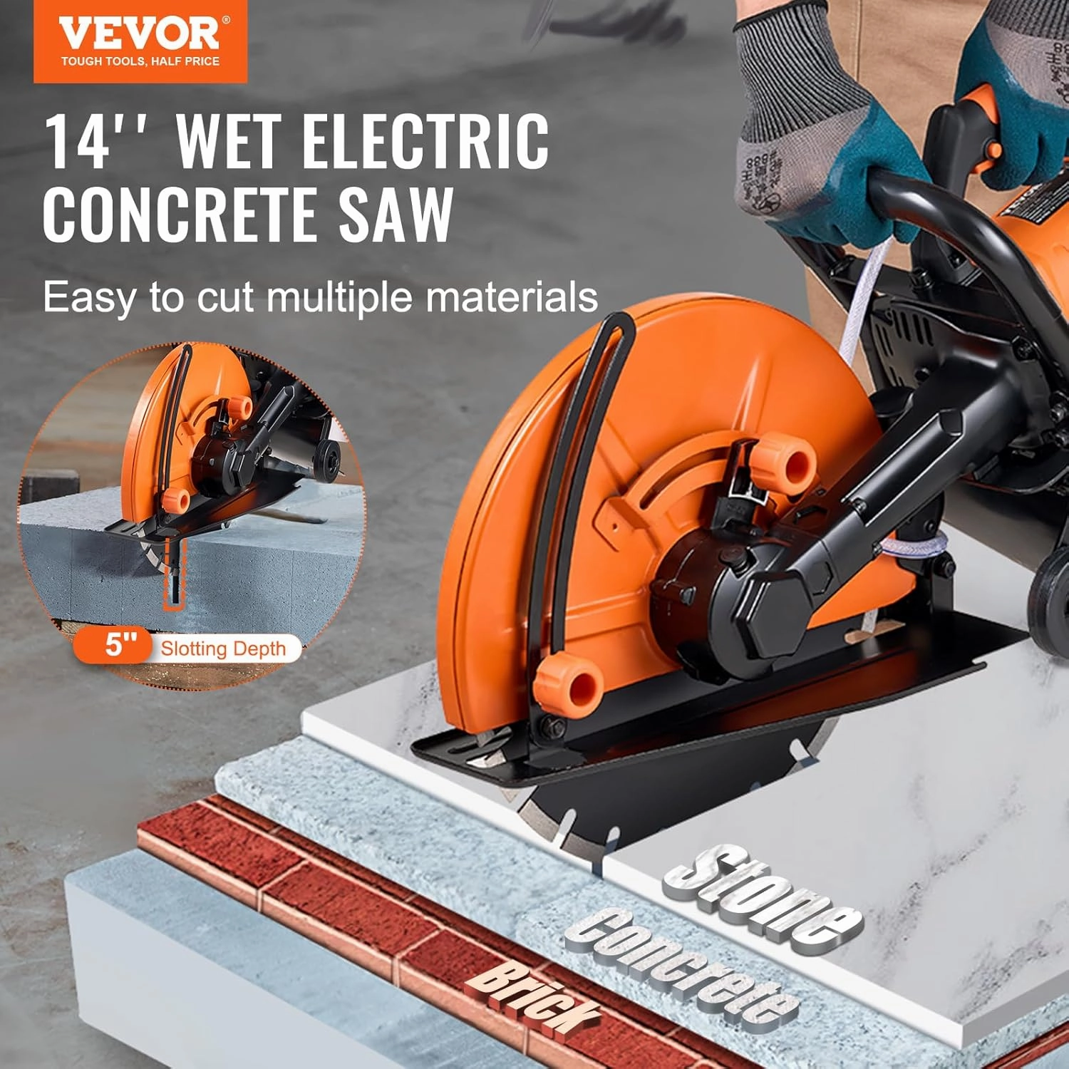 VEVOR Electric Concrete Saw, 14 in Circular Saw Cutter with 5 in Cutting Depth, Wet/Dry Disk Saw Cutter Includes Water Line, Pump and Blade, for Stone, Brick, Porcelain, Concrete, 2600W/15A Motor