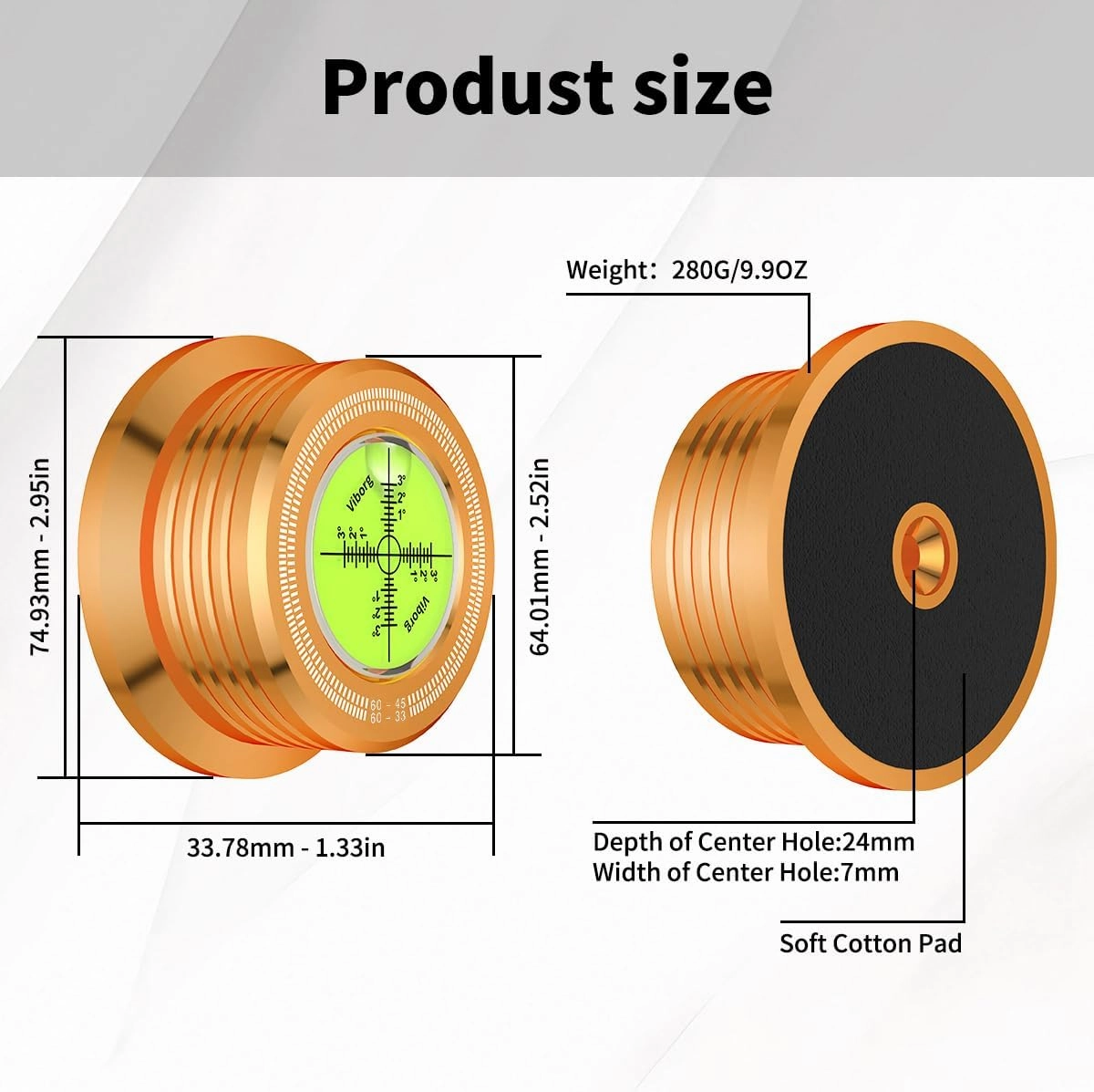Viborg Turntable Stabilizer Phono LP Record Weight, Gold 60Hz Vinyl Record Player Clamp, 280G (9.9 OZ) HiFi 3 in 1 Turntable Level with Bubble Leveling Balanced for Record Player（LP628G）