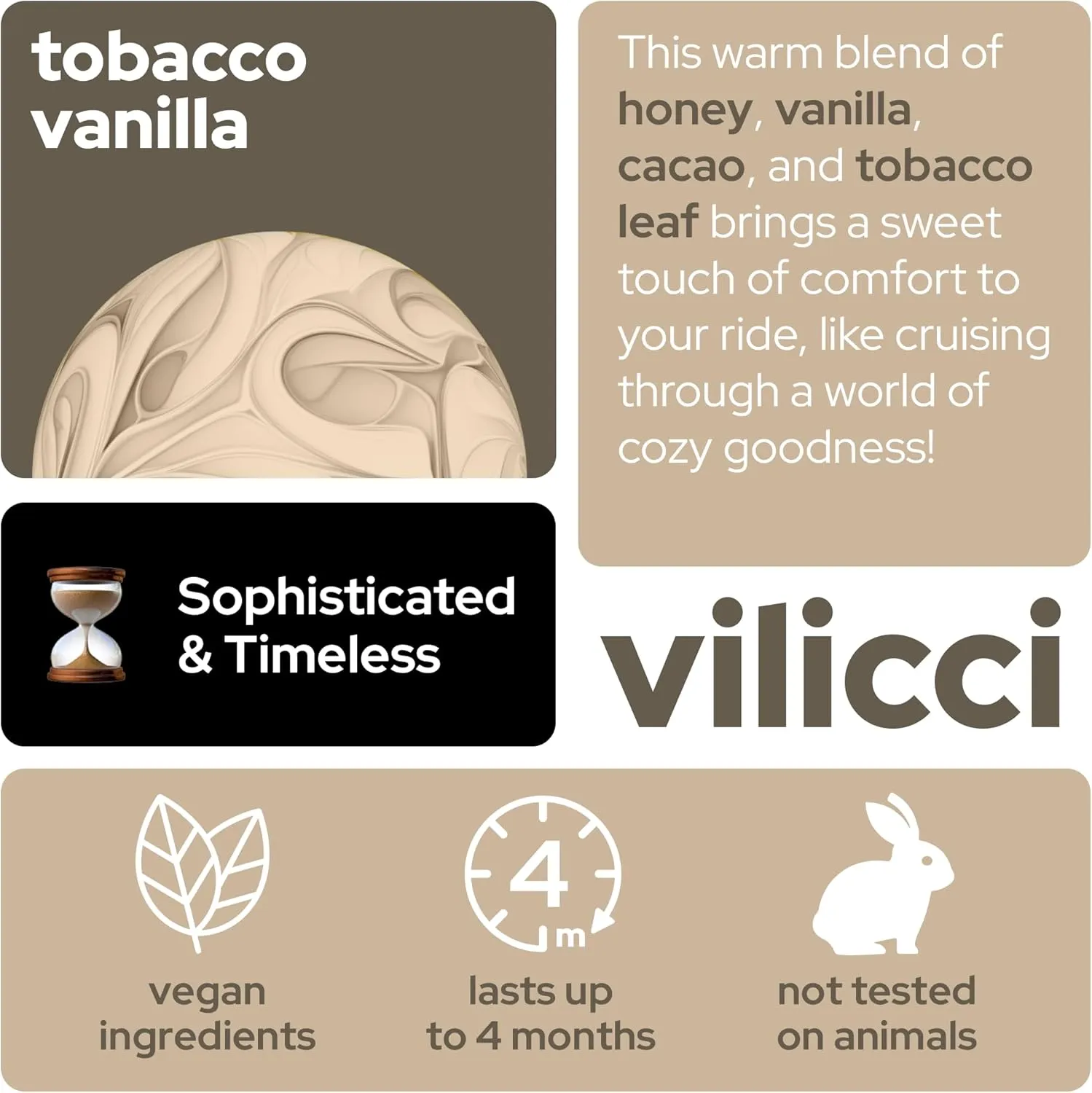 Vilicci Tobacco Vanilla Car Fragrance – Premium Auto Perfume & Car Air Freshener | Sophisticated & Timeless Scent | Long-Lasting (Up to 120 Days) | Odor Eliminating | Vegan, Cruelty-Free