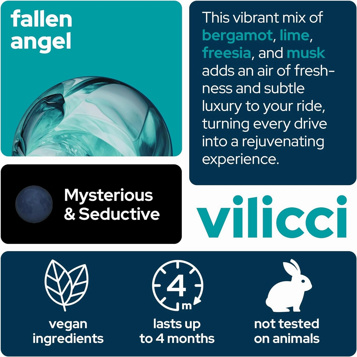 Vilicci Fallen Angel Car Fragrance – Mysterious & Seductive Auto Perfume & Car Air Freshener | Long-Lasting (Up to 120 Days) | Odor Eliminating | Vegan, Cruelty-Free