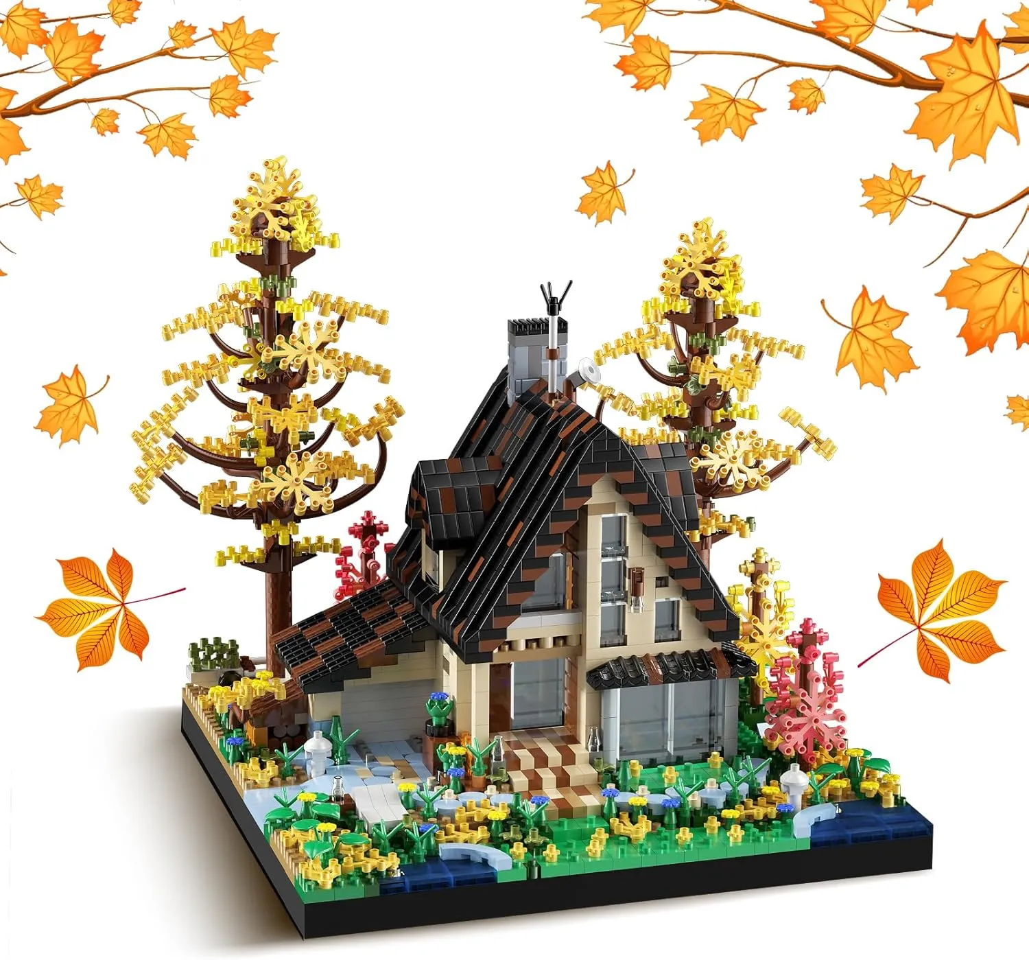 Villa Building Set, Autumn Treehouse Building Blocks with Bloom Flower Garden, Autumn Forest Cabins Building Kit for Boys and Girls, Halloween, Christmas, Birthday Gift(2635 PCS)