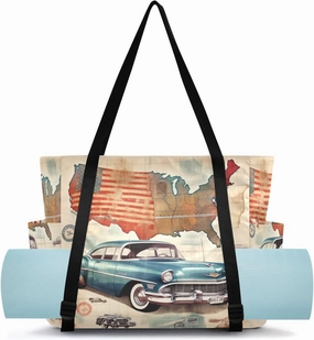 Vintage Map Car Yoga Mat Bag Carrier Large Workout Gym Shoulder Bag Water Resistant Carryall Tote with Water Bottle Holder for Office Travel Women Men