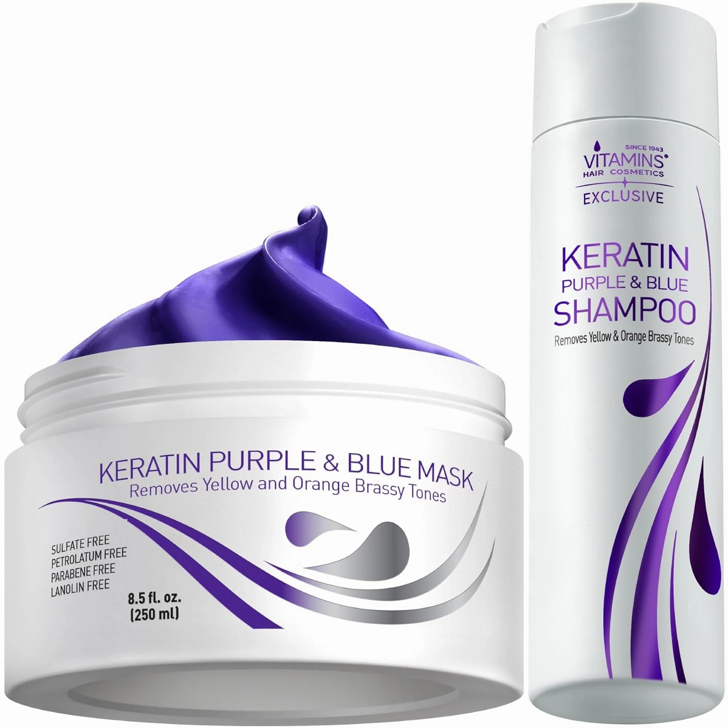 VITAMINS hair cosmetics Keratin Purple Blue Hair Mask and Shampoo Kit - Conditioner Anti Brassiness Toner and Violet Blue Shampoo Set for Bleached Blonde Platinum Silver White Gray Dry Damaged Hair