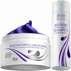 VITAMINS hair cosmetics Keratin Purple Blue Hair Mask and Shampoo Kit - Conditioner Anti Brassiness Toner and Violet Blue Shampoo Set for Bleached Blonde Platinum Silver White Gray Dry Damaged Hair