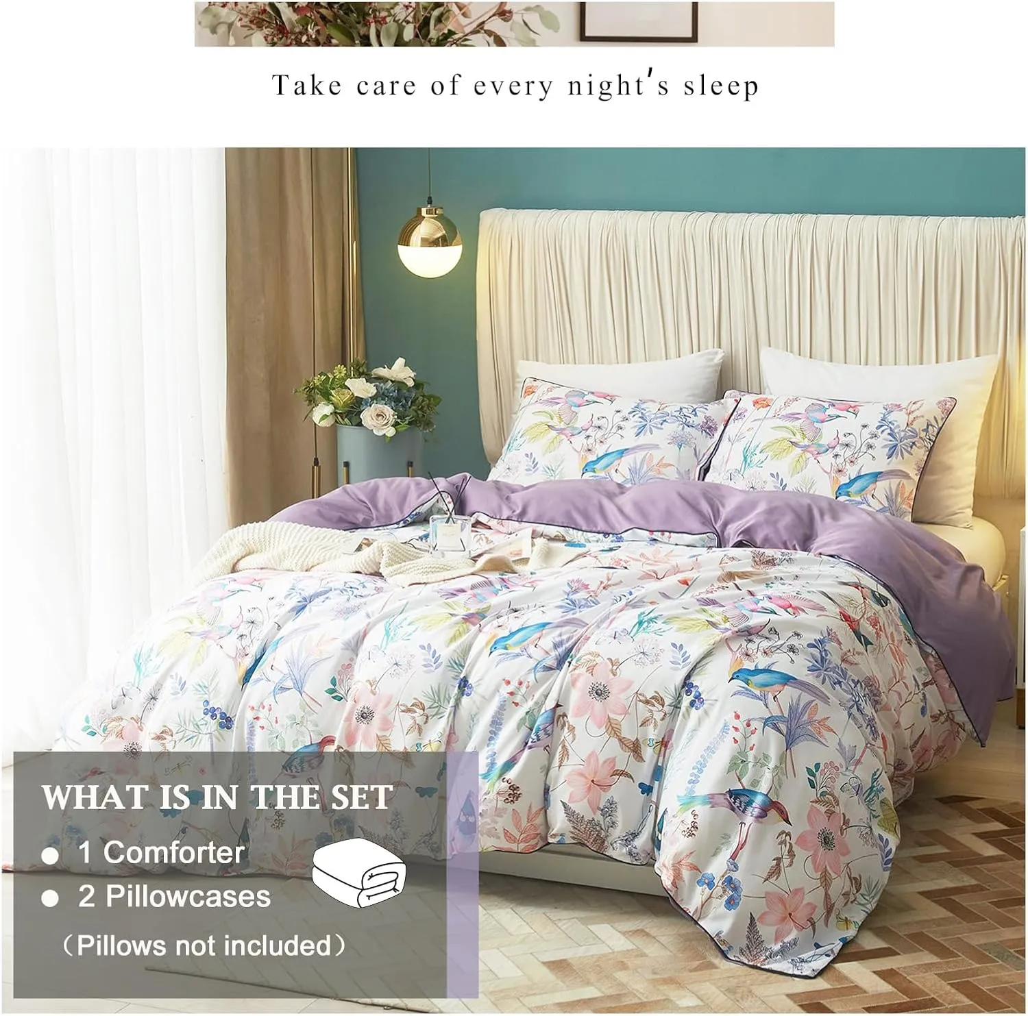 VM VOUGEMARKET Lilac Floral Comforter Set,Botanical Bird Pattern Bedding Set Soft Lightweight Bed in a Bag Garden Style Comforter Set (3pcs,Twin XL)