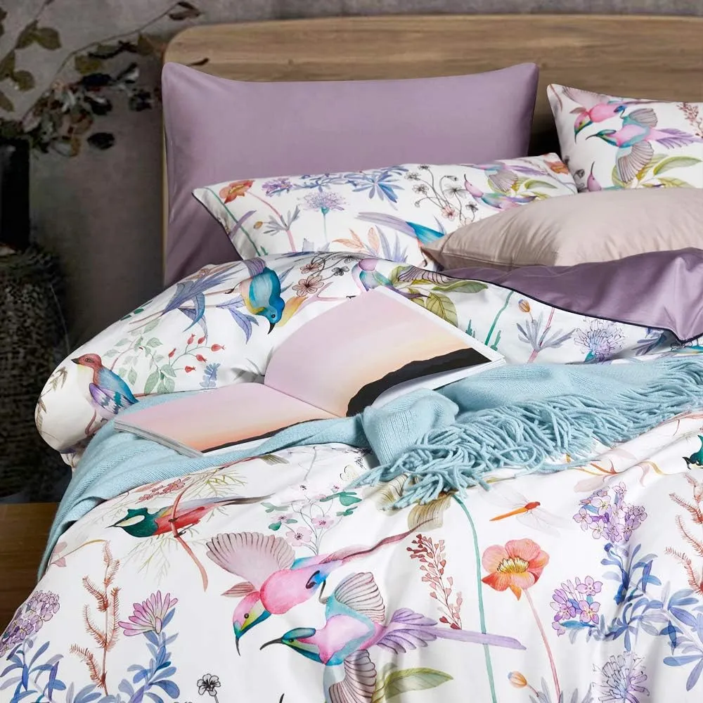 VM VOUGEMARKET Lilac Floral Comforter Set,Botanical Bird Pattern Bedding Set Soft Lightweight Bed in a Bag Garden Style Comforter Set (3pcs,Twin XL)