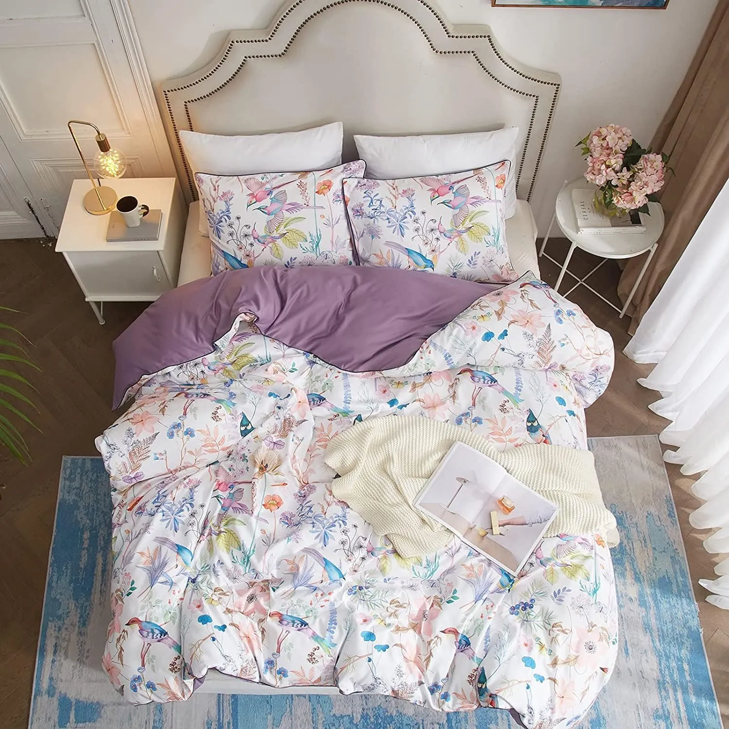 VM VOUGEMARKET Lilac Floral Comforter Set,Botanical Bird Pattern Bedding Set Soft Lightweight Bed in a Bag Garden Style Comforter Set (3pcs,Twin XL)