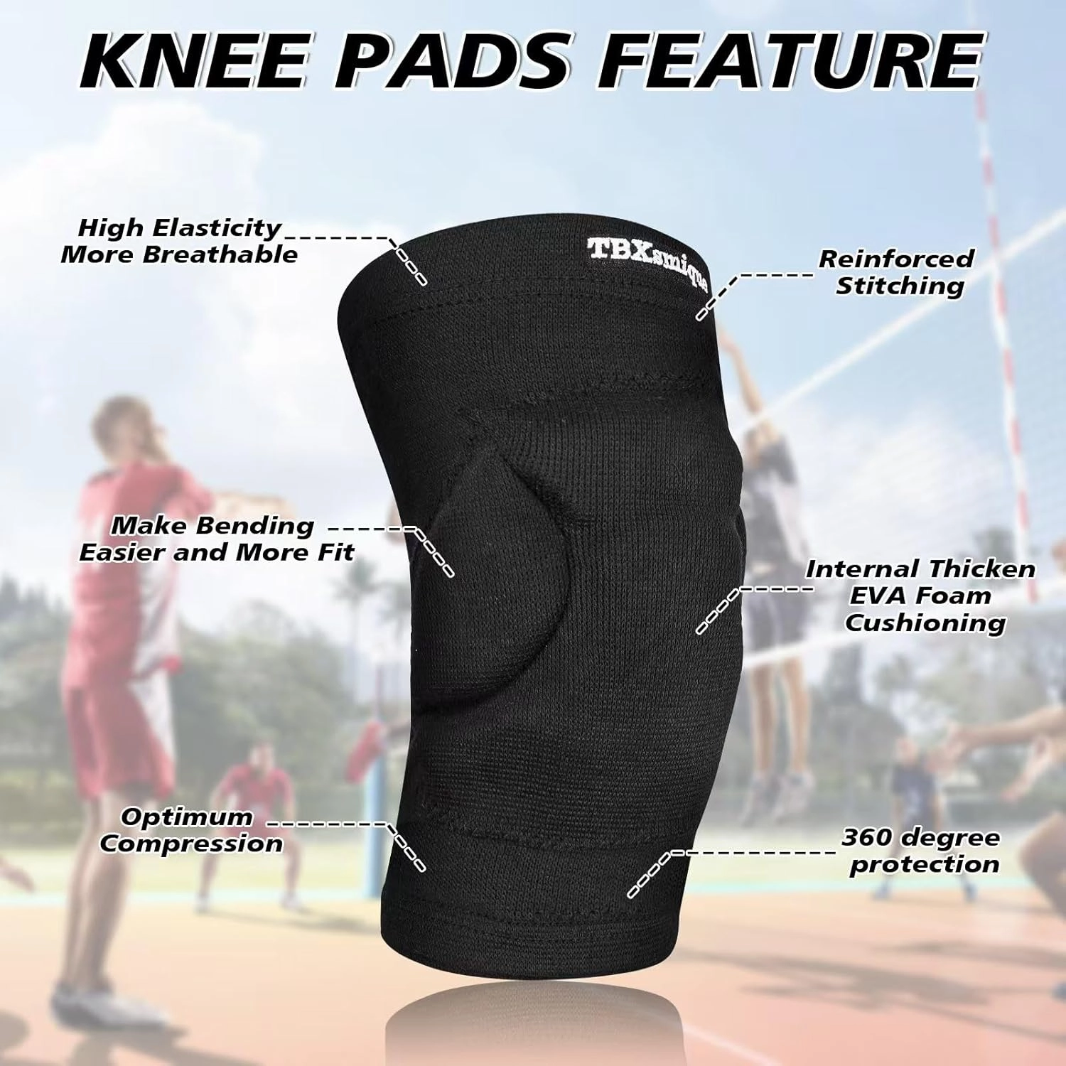 Volleyball Knee Pad for Men Women, Anti-collision and Non-Slip Knee Protector, 2cm EVA Pads Knee Pads for Basketball Football Wresting Gardening Kneeling House Cleaner Works, Black 1 Pair