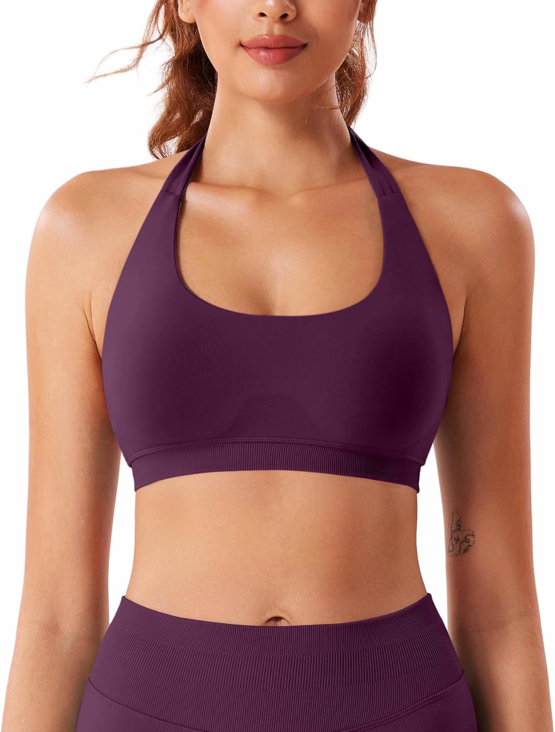 VOYJOY Women Workout Impact Bras Medium Low Support Halter Sports Bras Seamless Open Back Gym Padded Yoga Crop Top