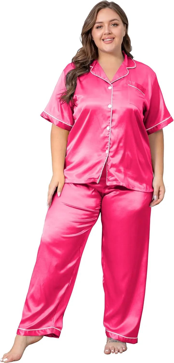 Vozanet Women's Plus Size Button Down Pajama Sets Satin Silky Short Sleeve Top & Pants Sleepwear Loungewear Nighty XL to 5XL