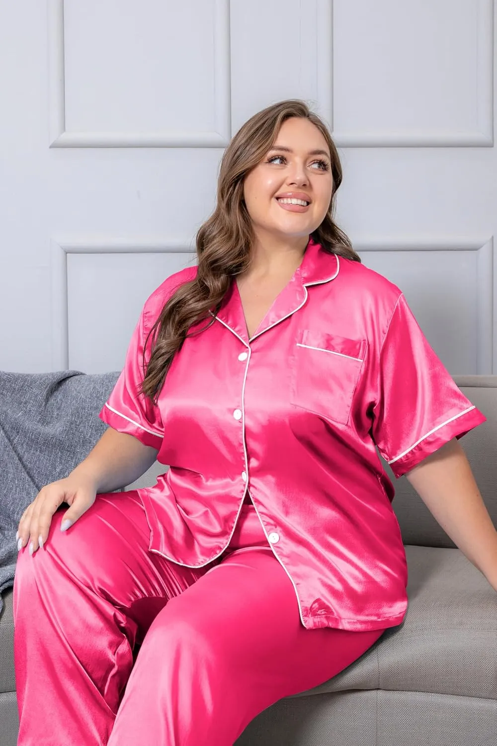 Vozanet Women's Plus Size Button Down Pajama Sets Satin Silky Short Sleeve Top & Pants Sleepwear Loungewear Nighty XL to 5XL