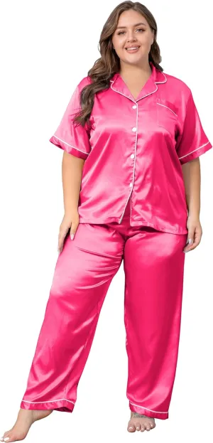 Vozanet Women's Plus Size Button Down Pajama Sets Satin Silky Short Sleeve Top & Pants Sleepwear Loungewear Nighty XL to 5XL