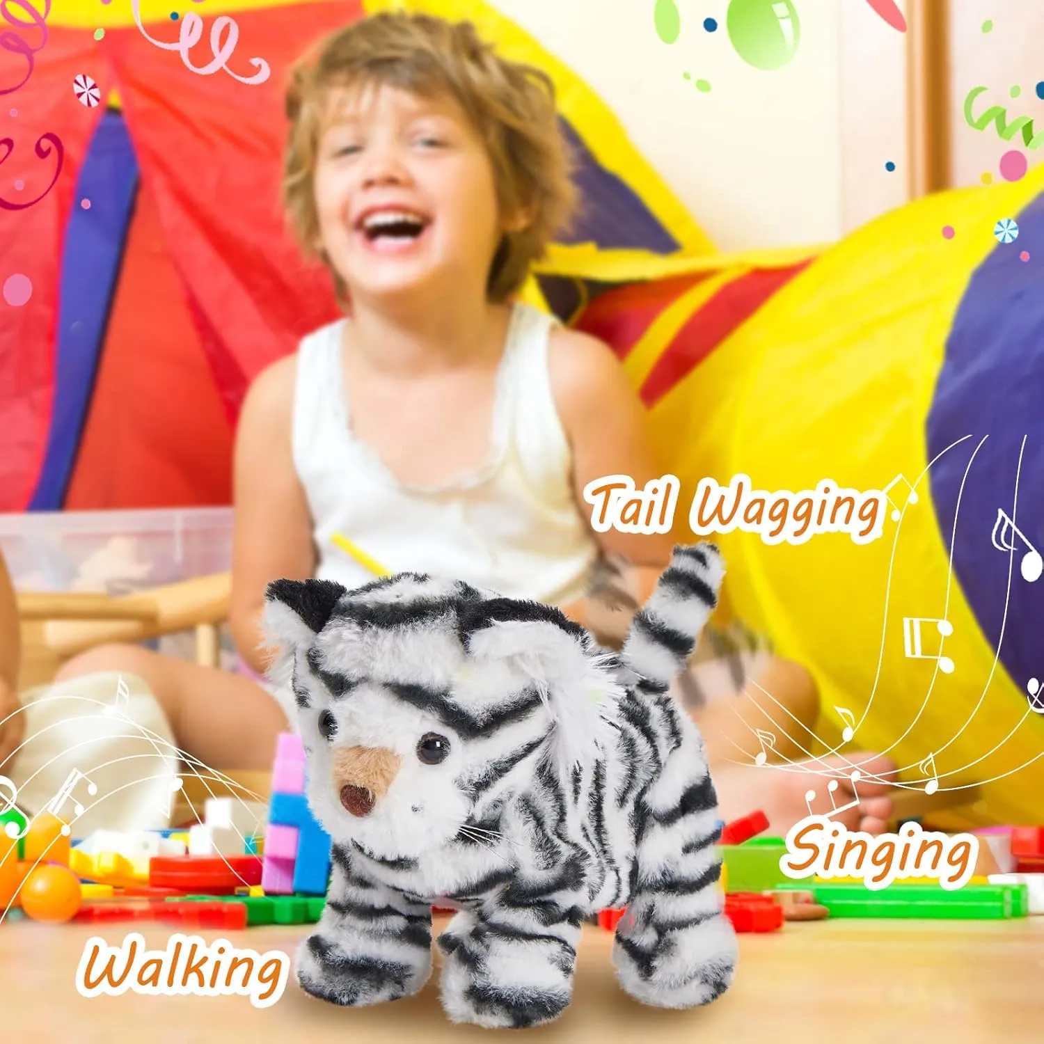 Walking Singing Electronic Tiger Electric Singing Tiger Plush Toy Fun Interactive Tiger Cute Plush Toys Tail Wagging Tiger Stuffed Animal Birthday Gifts for Kids,10" White