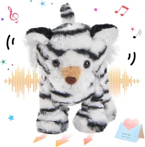 Walking Singing Electronic Tiger Electric Singing Tiger Plush Toy Fun Interactive Tiger Cute Plush Toys Tail Wagging Tiger Stuffed Animal Birthday Gifts for Kids,10" White