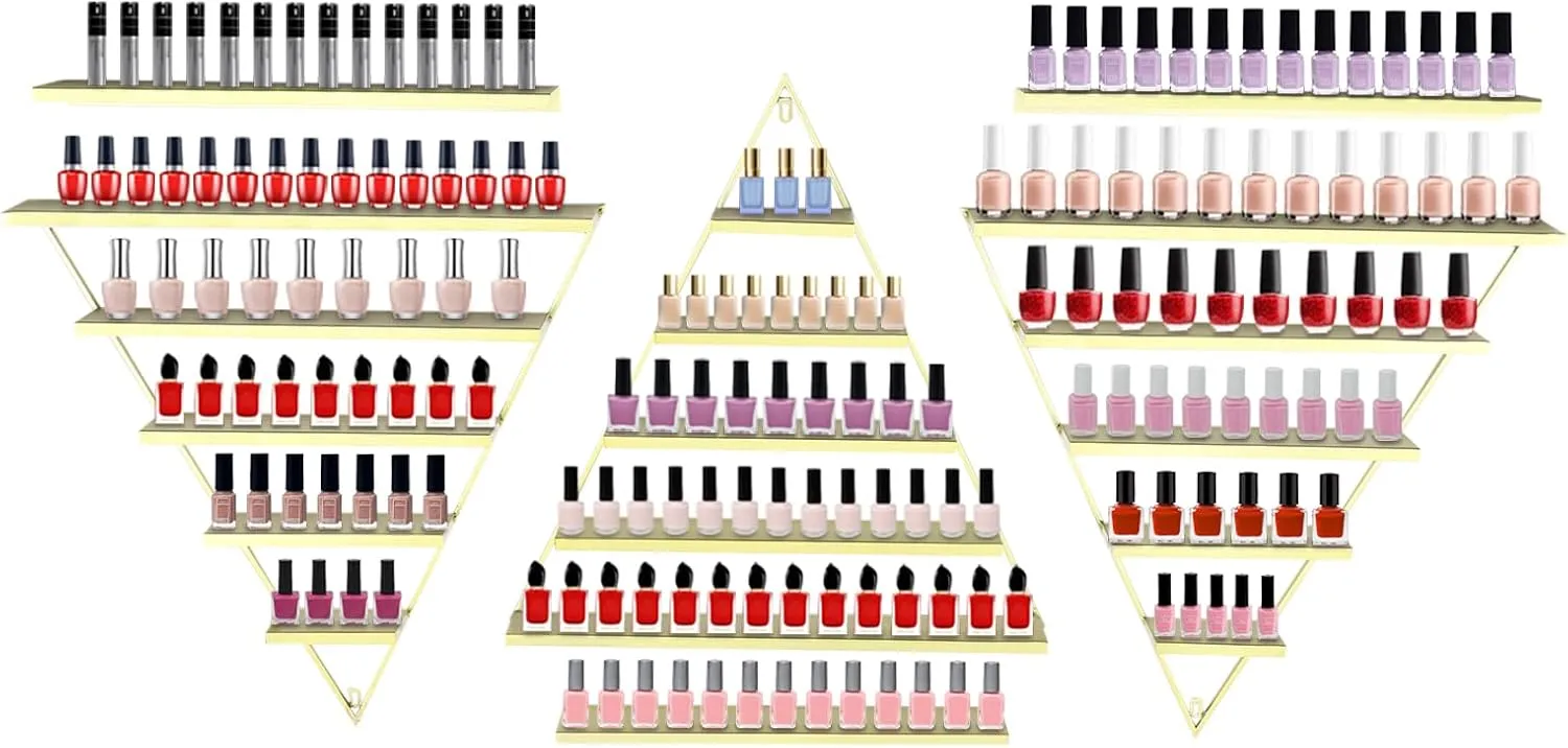 Wall-Mounted Nail Polish Display Racks 5 Tiers Gold Triangular Storage Rack Cosmetic Display Cases Lipstick Perfume Wall Shelf Essential Oil Organizers for Home Spa Nail Salon Shop (Gold)