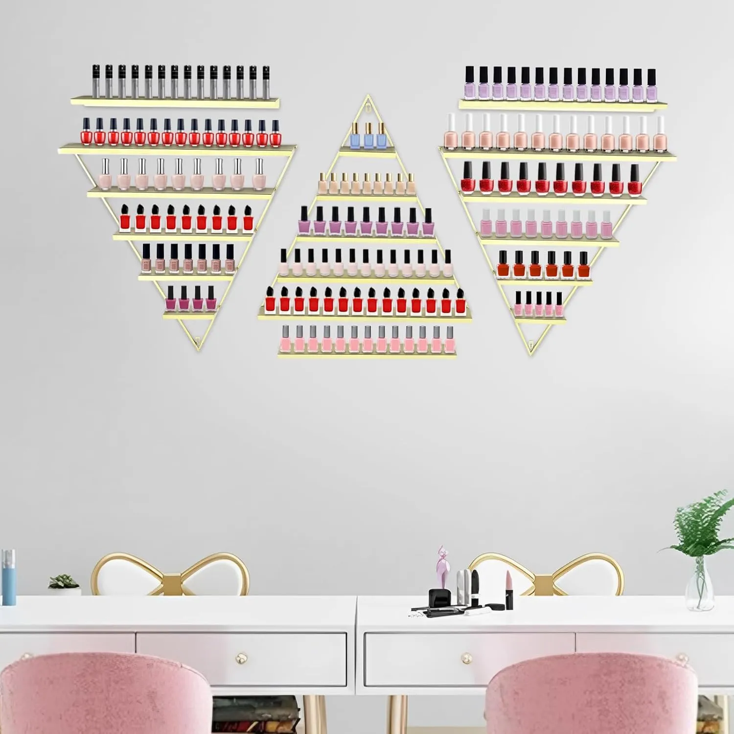 Wall-Mounted Nail Polish Display Racks 5 Tiers Gold Triangular Storage Rack Cosmetic Display Cases Lipstick Perfume Wall Shelf Essential Oil Organizers for Home Spa Nail Salon Shop (Gold)