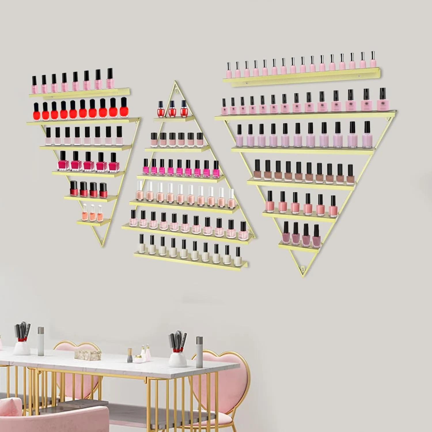 Wall-Mounted Nail Polish Display Racks 5 Tiers Gold Triangular Storage Rack Cosmetic Display Cases Lipstick Perfume Wall Shelf Essential Oil Organizers for Home Spa Nail Salon Shop (Gold)