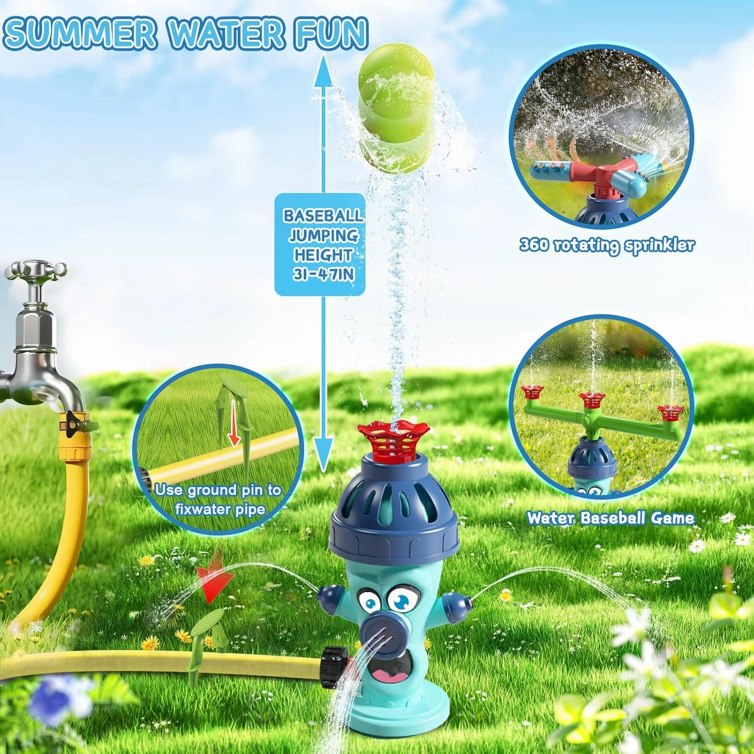 Water Sprinkler Baseball Toy,4 in 1 Outdoor Water Toys,Fun Summer Games,Kids Summer Water Play for The Backyard,Water Baseball for Kids Boys & Girls Age 3  Years (4&1 Fire Hydrant)