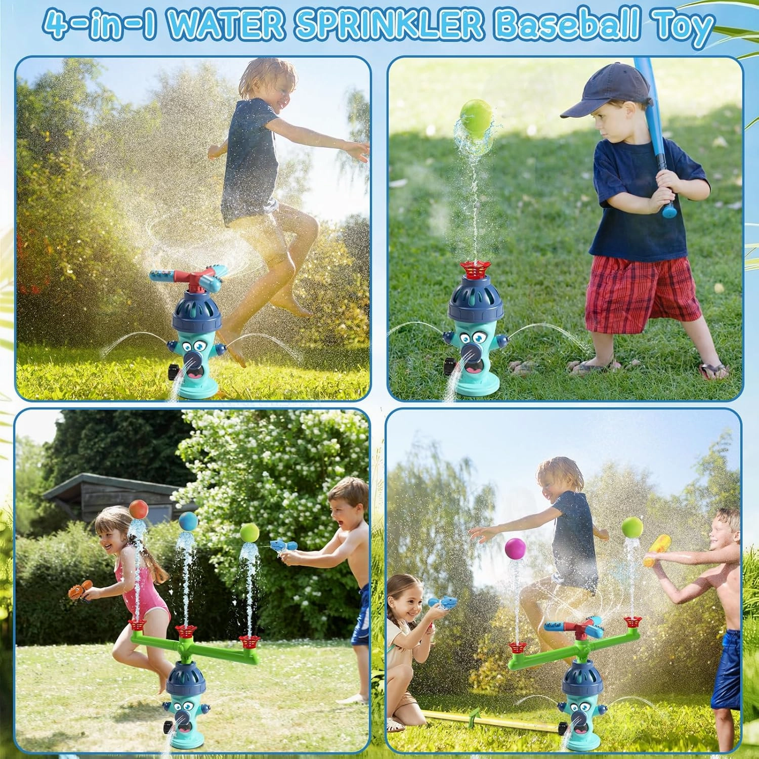 Water Sprinkler Baseball Toy,4 in 1 Outdoor Water Toys,Fun Summer Games,Kids Summer Water Play for The Backyard,Water Baseball for Kids Boys & Girls Age 3  Years (4&1 Fire Hydrant)