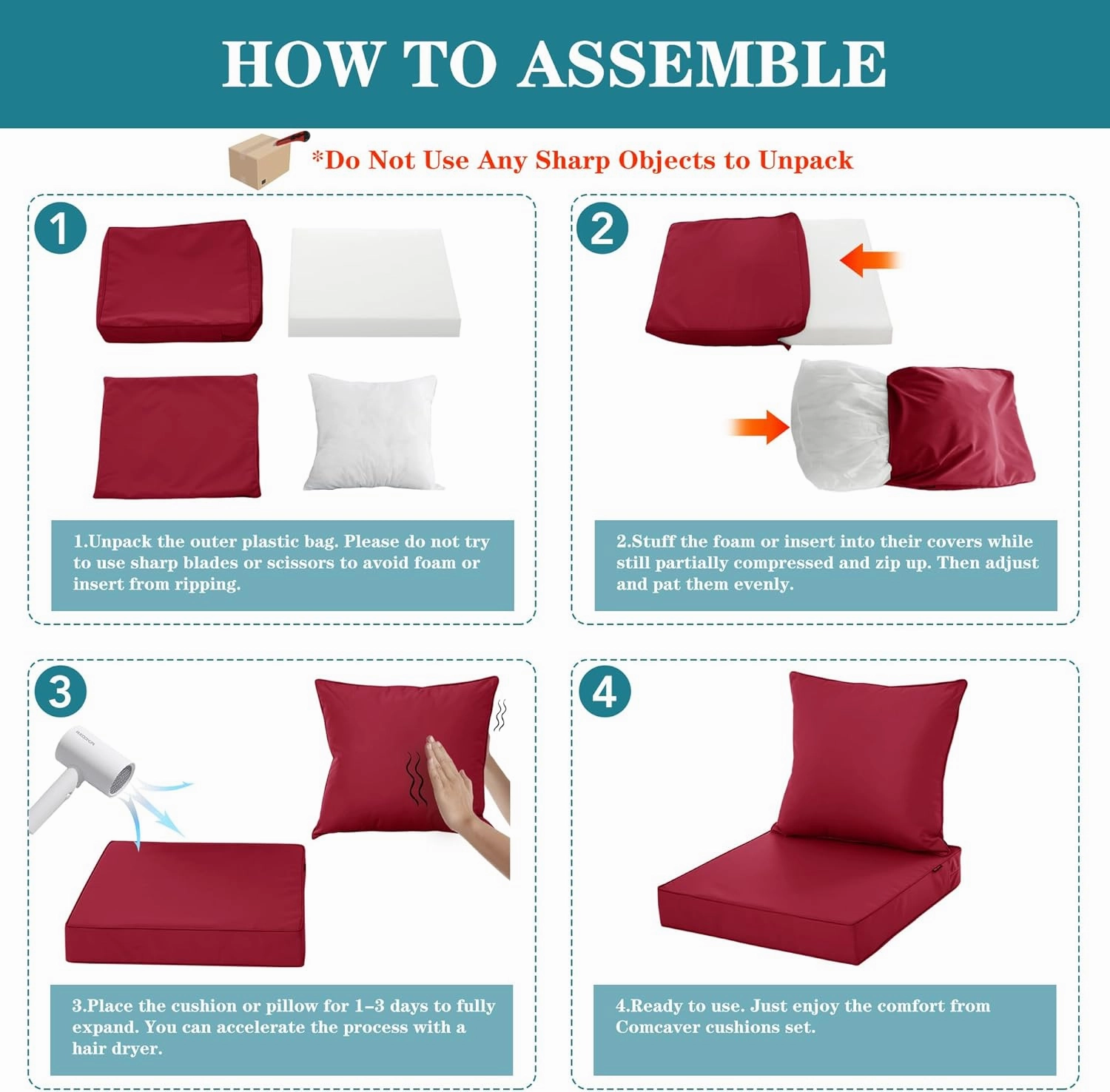 Waterproof Outdoor Chair Cushion Set, Fade and Tear Resistant Patio Furniture Cushions with Removeable Covers, 22x22 Inch, Burgundy, 1 Set