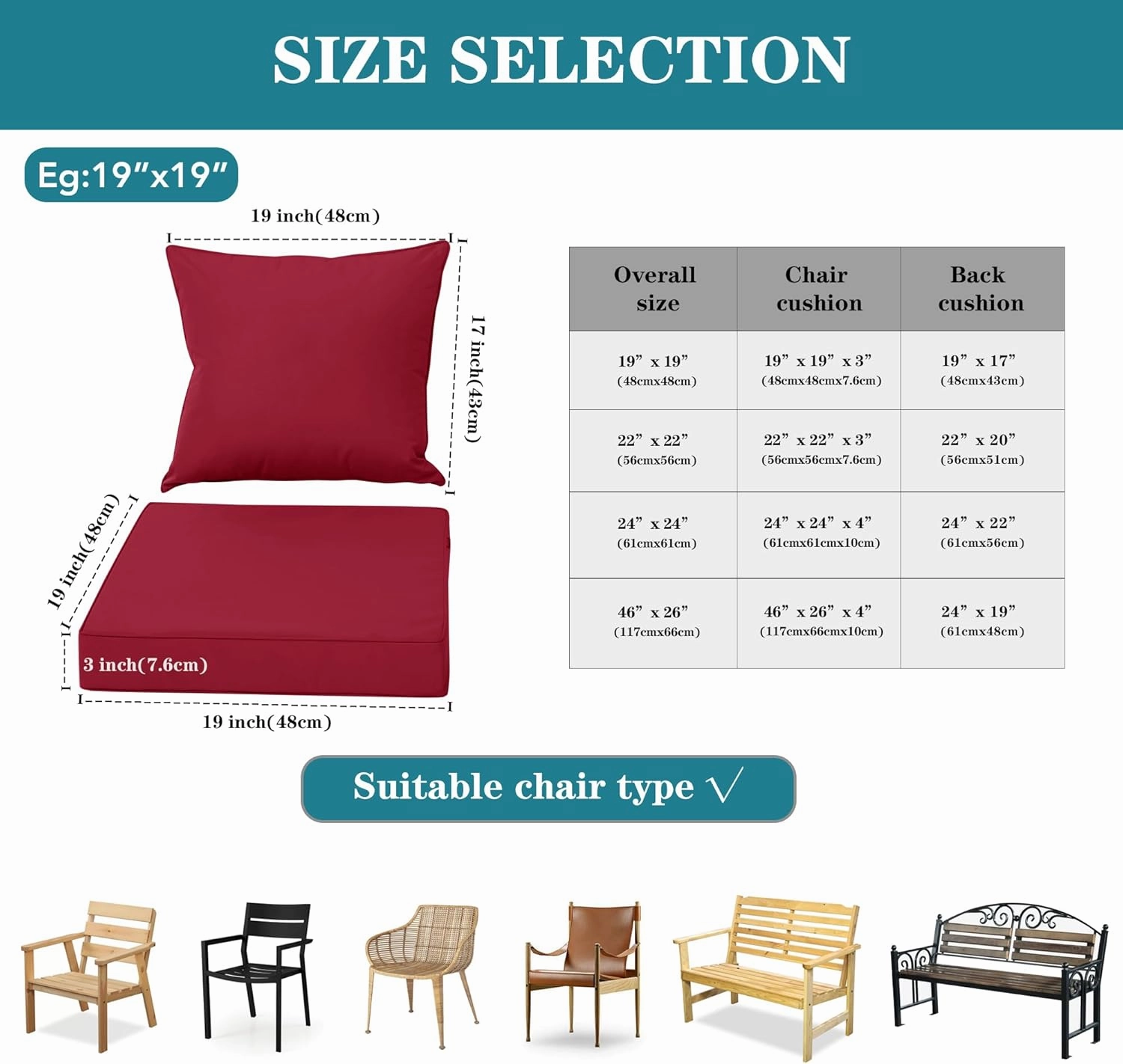 Waterproof Outdoor Chair Cushion Set, Fade and Tear Resistant Patio Furniture Cushions with Removeable Covers, 22x22 Inch, Burgundy, 1 Set