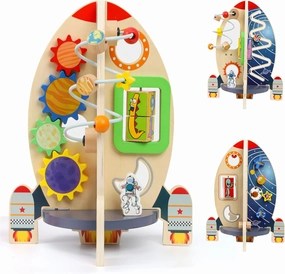 Wdmiya Space Wooden Activity Cube Toys for Baby, Montessoritoys for 1 Year Old Boy & Girl Birthday Gifts, Sensory and Educational 1st Birthday Gifts, Busy Board Toys for Baby Boy (Yellow)