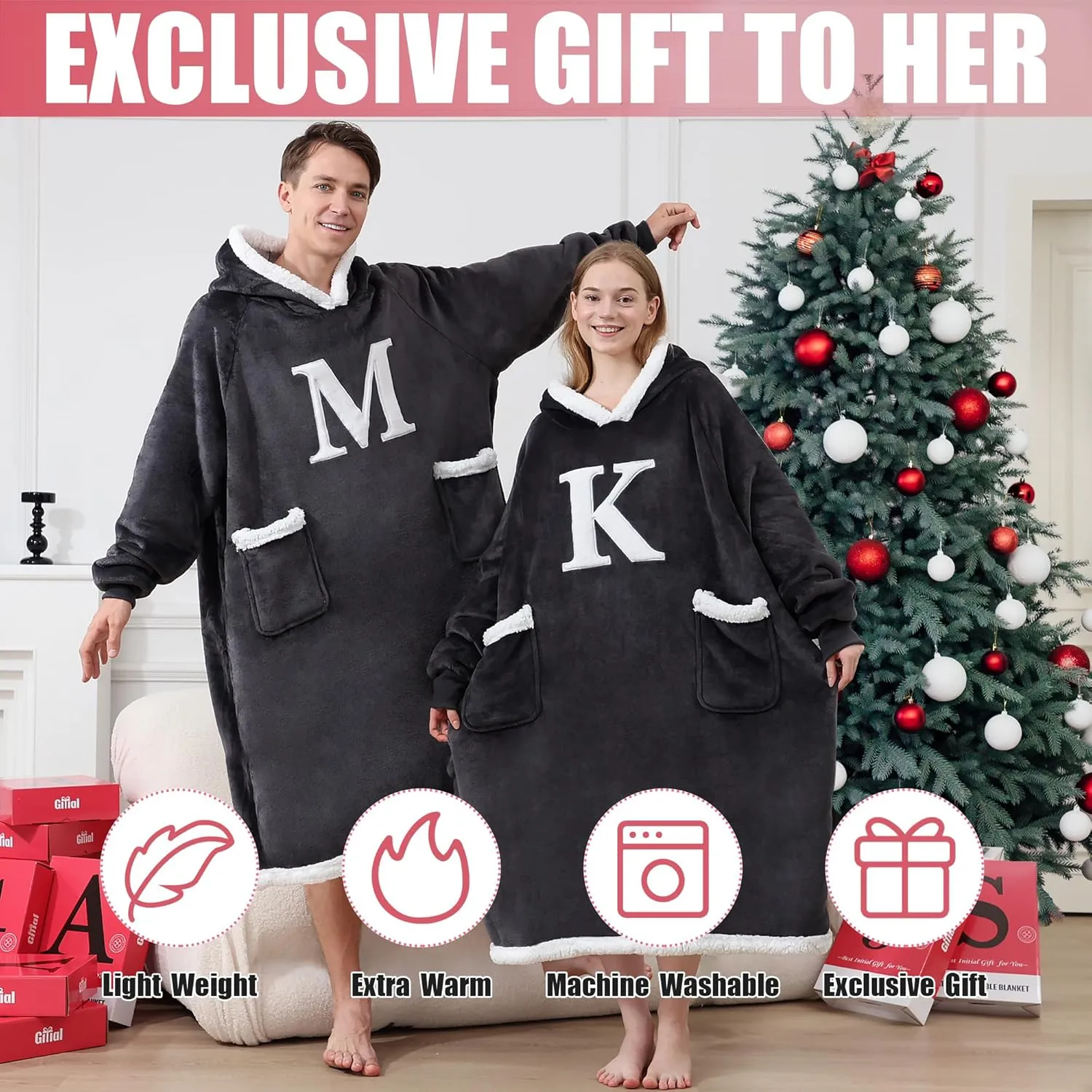 Wearable Blanket Hoodie with Initial A-Z, Sweatshirt Blanket Monogrammed Birthday Gifts for Women Girlfriend Mom Wife