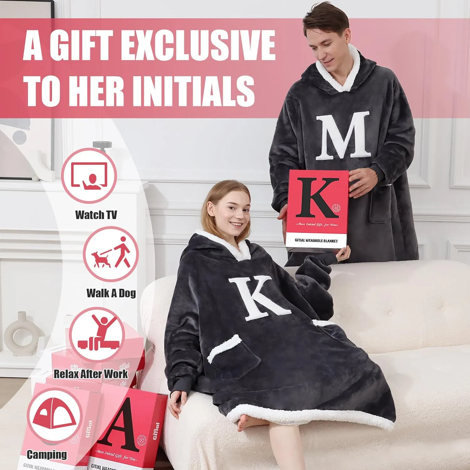 Wearable Blanket Hoodie with Initial A-Z, Sweatshirt Blanket Monogrammed Birthday Gifts for Women Girlfriend Mom Wife
