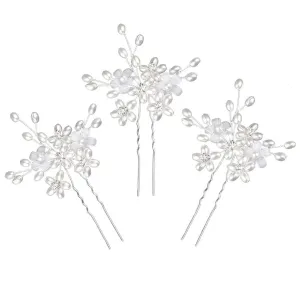 Wedding Hair Pins (3 Pcs) - Elegant Pearl Floral Crystal Hair Accessories for Bridal Women (Silver)