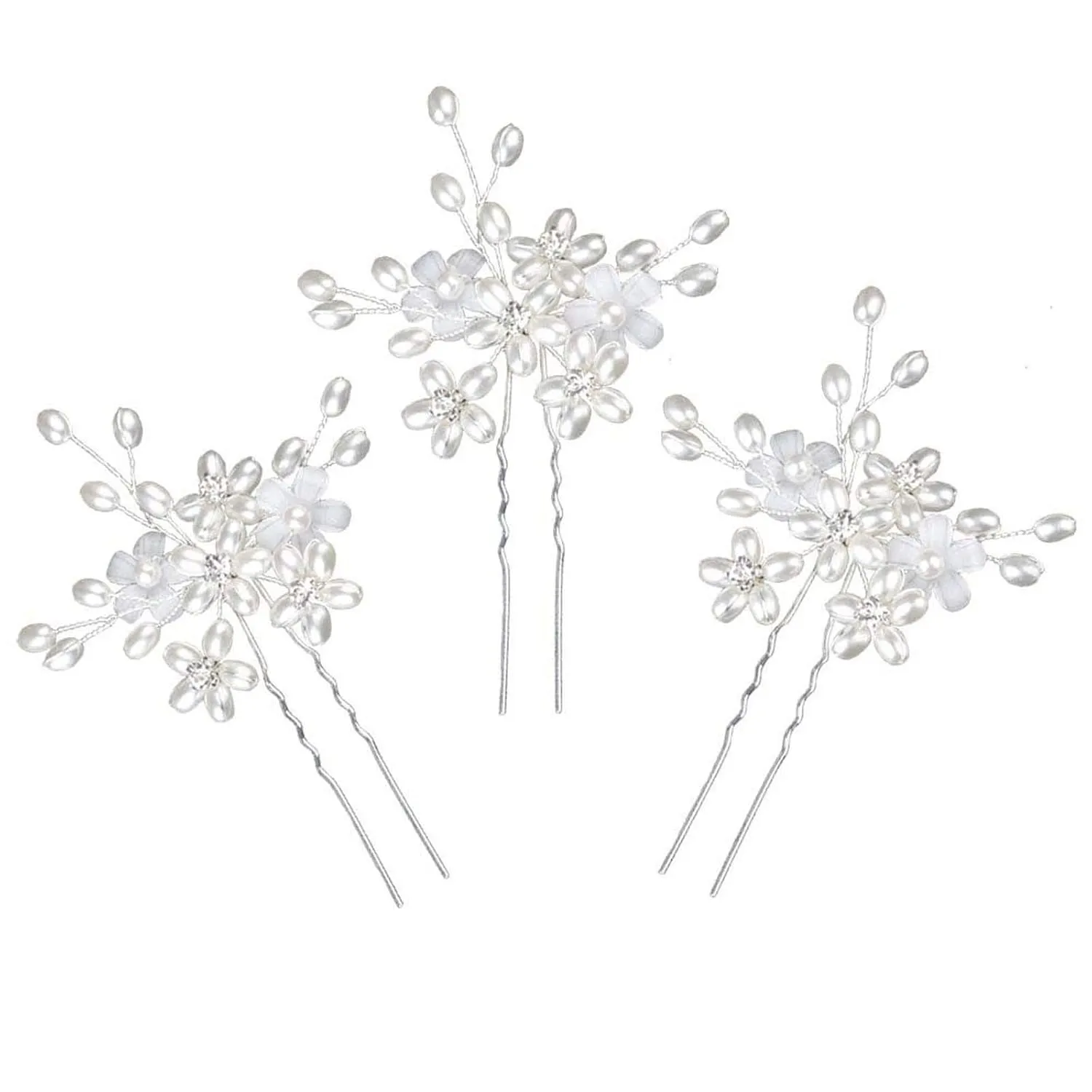 Wedding Hair Pins (3 Pcs) - Elegant Pearl Floral Crystal Hair Accessories for Bridal Women (Silver)