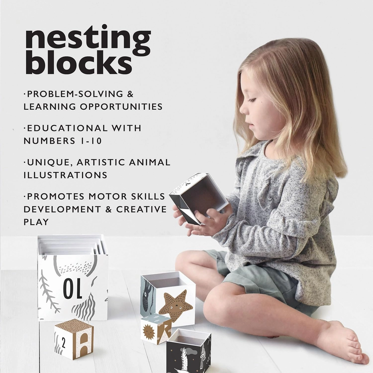 Wee Gallery Nesting Blocks - Ocean Animals and Numbers - Black and White Stacking and Building Toy for Toddlers and Kids - Motor Skills, Creative Play and Problem Solving for Children (Ages 2 and up)