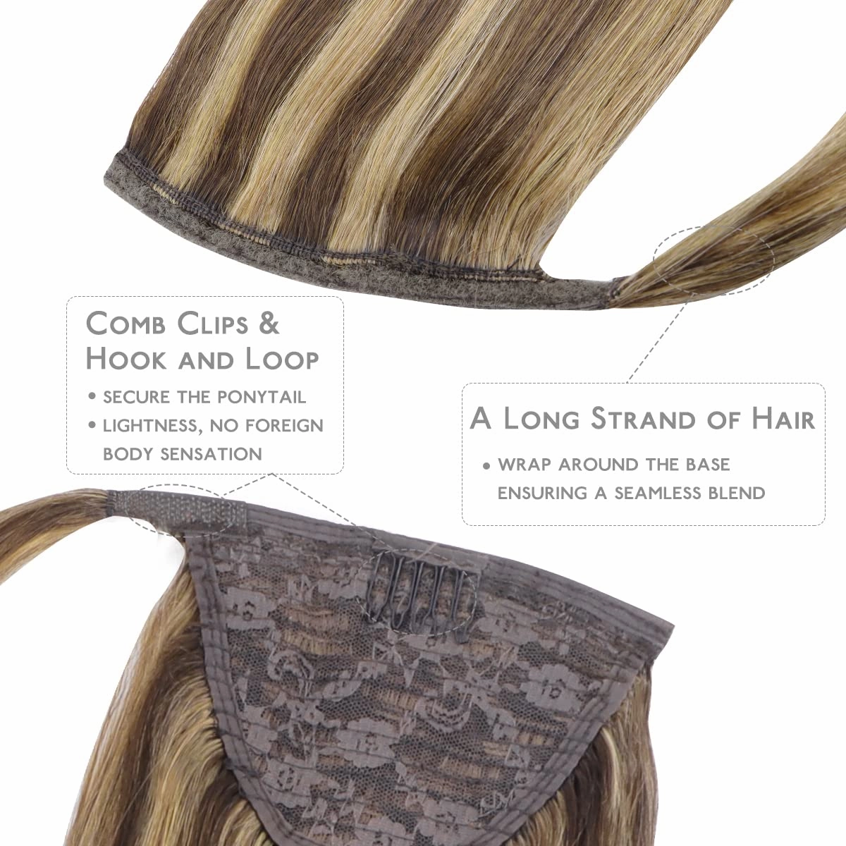 WENNALIFE Ponytail Hair Extension, 14 Inch 80g Balayage Chocolate Brown to Caramel Blonde Ponytail Extension Human Hair Clip in Wrap Around Remy Human Hair Extension Hairpieces