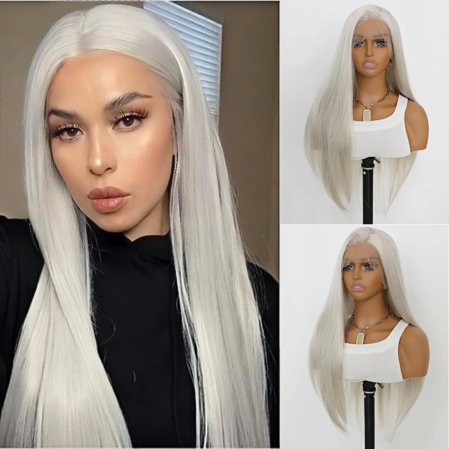 White Lace Front Synthetic Wig Long Straight Platinum Snow White Synthetic 13×4 Lace Front Wigs Pre Plucked Natural Hairline Heat-Resistant Fiber Wig For Women(24Inch)
