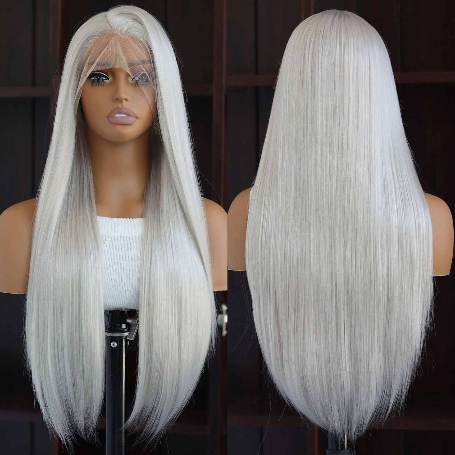 White Lace Front Synthetic Wig Long Straight Platinum Snow White Synthetic 13×4 Lace Front Wigs Pre Plucked Natural Hairline Heat-Resistant Fiber Wig For Women(24Inch)