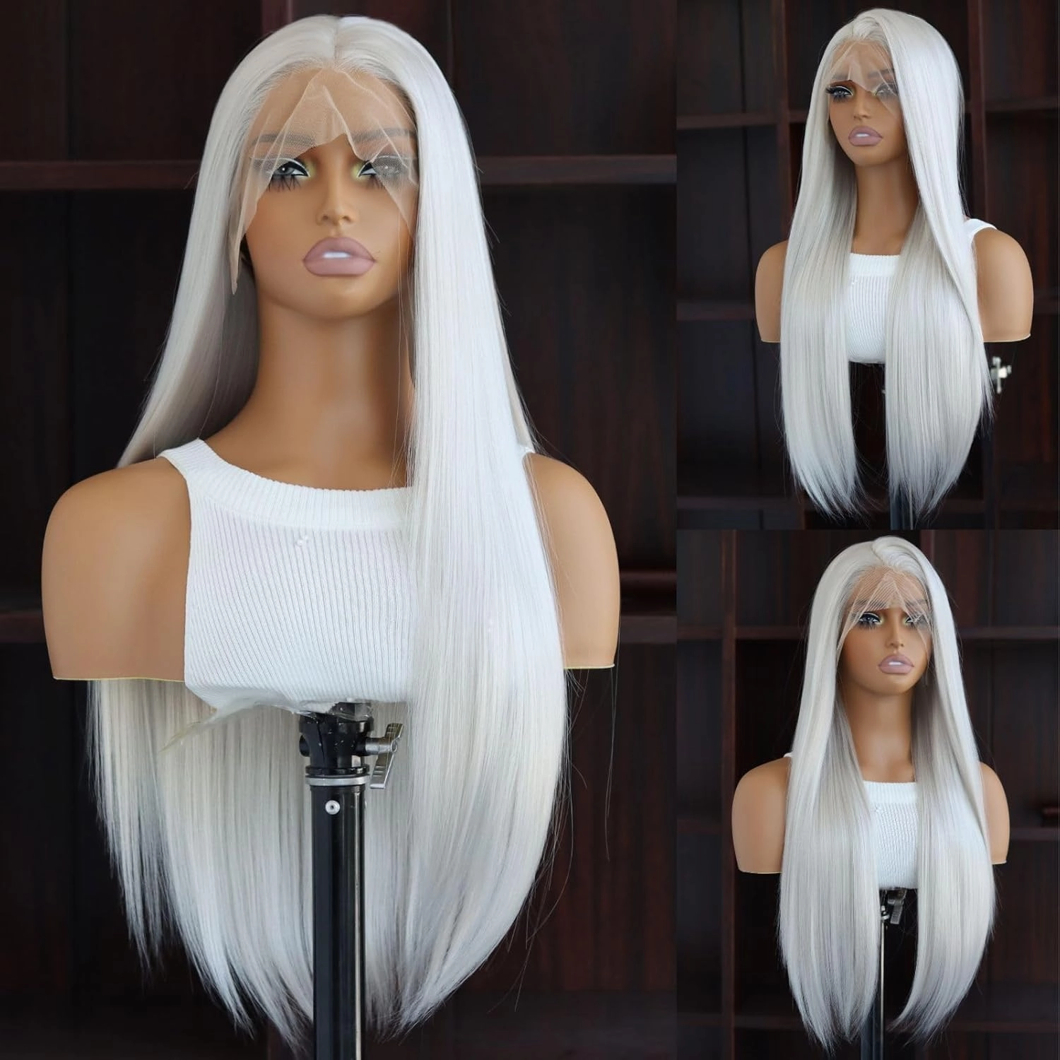 White Lace Front Synthetic Wig Long Straight Platinum Snow White Synthetic 13×4 Lace Front Wigs Pre Plucked Natural Hairline Heat-Resistant Fiber Wig For Women(24Inch)