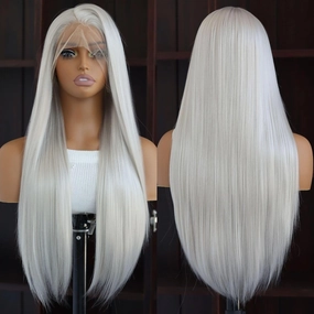 White Lace Front Synthetic Wig Long Straight Platinum Snow White Synthetic 13×4 Lace Front Wigs Pre Plucked Natural Hairline Heat-Resistant Fiber Wig For Women(24Inch)