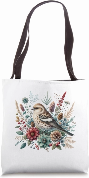 White-winged Crossbill Vintage Floral Wintery Bird Tote Bag