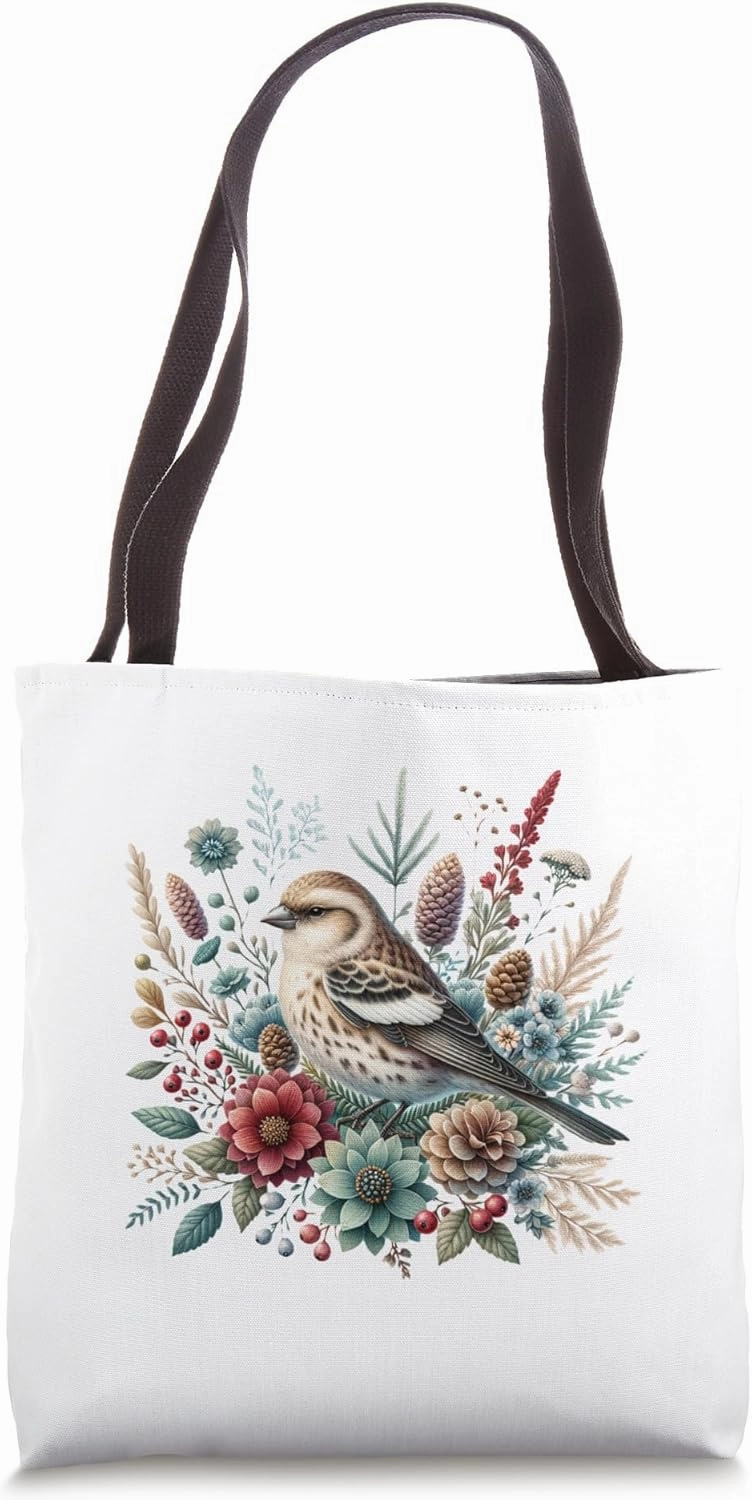 White-winged Crossbill Vintage Floral Wintery Bird Tote Bag