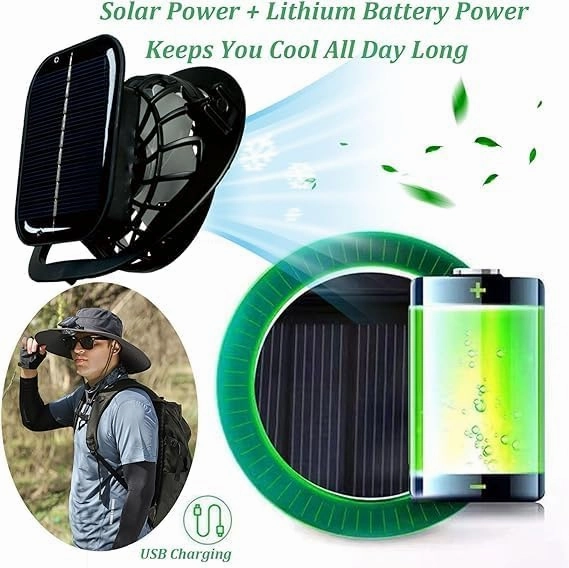 Wide Brim Solar Fan Hat Outdoor Sun Hat with 2 Solar Fan Fishing Hat,Removable & USB Charging Fan,UPF 50  Bucket Beach Hat
