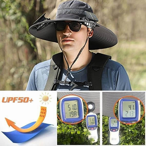 Wide Brim Solar Fan Hat Outdoor Sun Hat with 2 Solar Fan Fishing Hat,Removable & USB Charging Fan,UPF 50  Bucket Beach Hat
