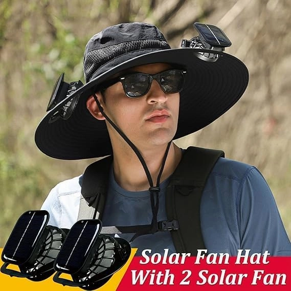 Wide Brim Solar Fan Hat Outdoor Sun Hat with 2 Solar Fan Fishing Hat,Removable & USB Charging Fan,UPF 50  Bucket Beach Hat