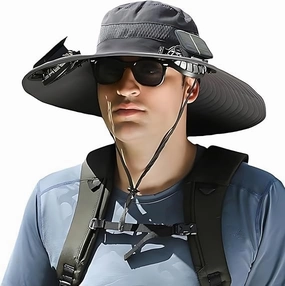 Wide Brim Solar Fan Hat Outdoor Sun Hat with 2 Solar Fan Fishing Hat,Removable & USB Charging Fan,UPF 50  Bucket Beach Hat