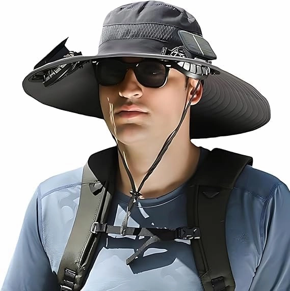 Wide Brim Solar Fan Hat Outdoor Sun Hat with 2 Solar Fan Fishing Hat,Removable & USB Charging Fan,UPF 50  Bucket Beach Hat