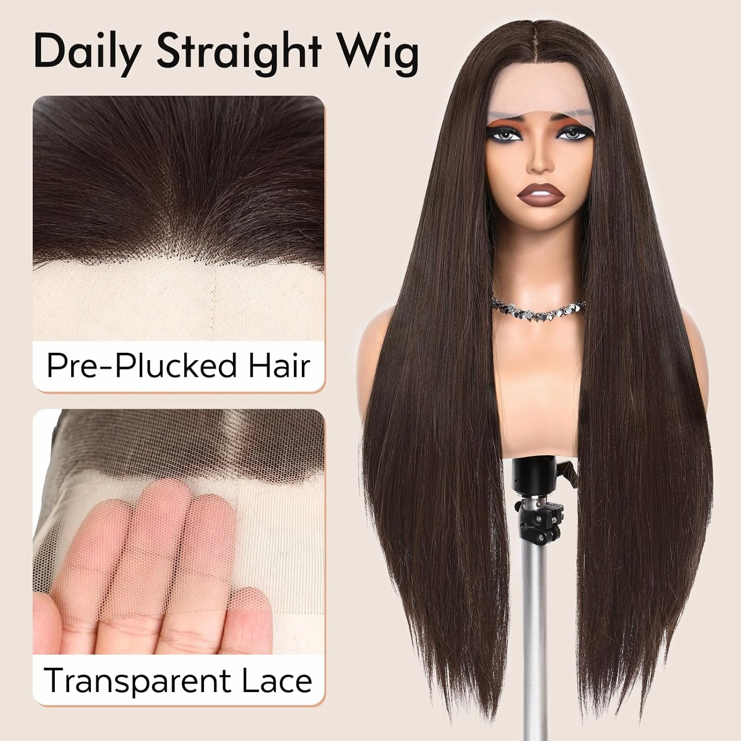 WIGNEE 13x4 Synthetic Lace Front Wig 28 Inch Silky Long Straight Wig Pre-Plucked Kanekalon Hair Glueless Wig with Natural Hairline Free Part Lace Front Wig Dark Brown Wigs for Black Women