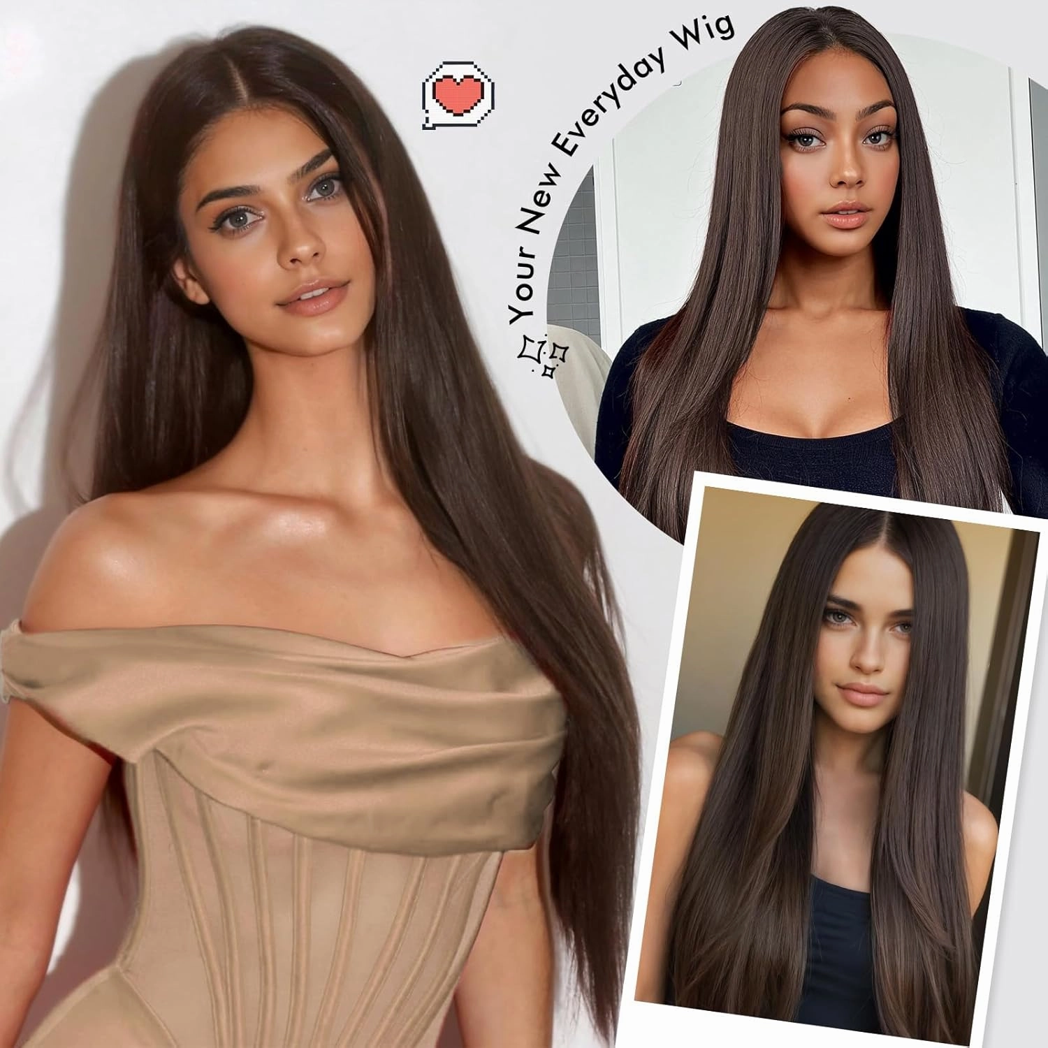 WIGNEE 13x4 Synthetic Lace Front Wig 28 Inch Silky Long Straight Wig Pre-Plucked Kanekalon Hair Glueless Wig with Natural Hairline Free Part Lace Front Wig Dark Brown Wigs for Black Women