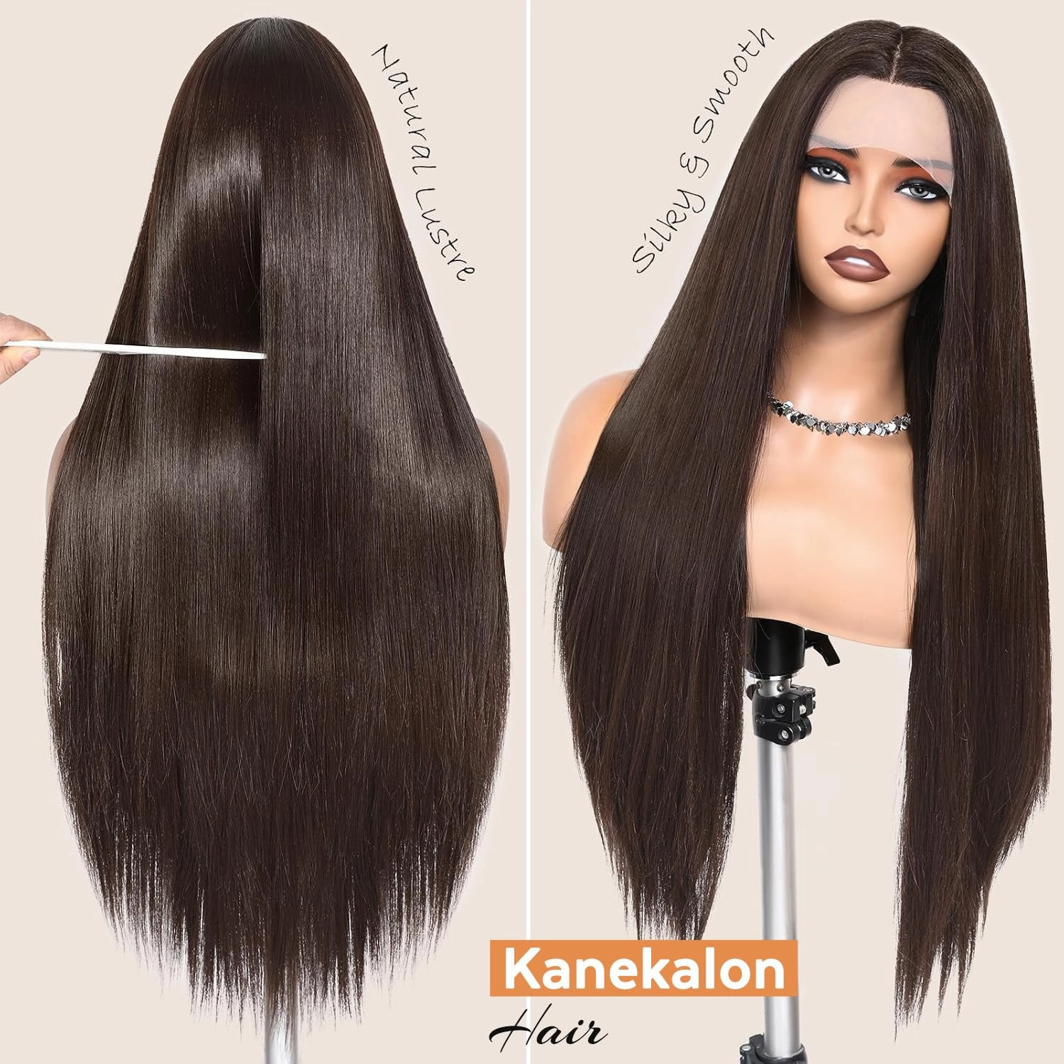 WIGNEE 13x4 Synthetic Lace Front Wig 28 Inch Silky Long Straight Wig Pre-Plucked Kanekalon Hair Glueless Wig with Natural Hairline Free Part Lace Front Wig Dark Brown Wigs for Black Women