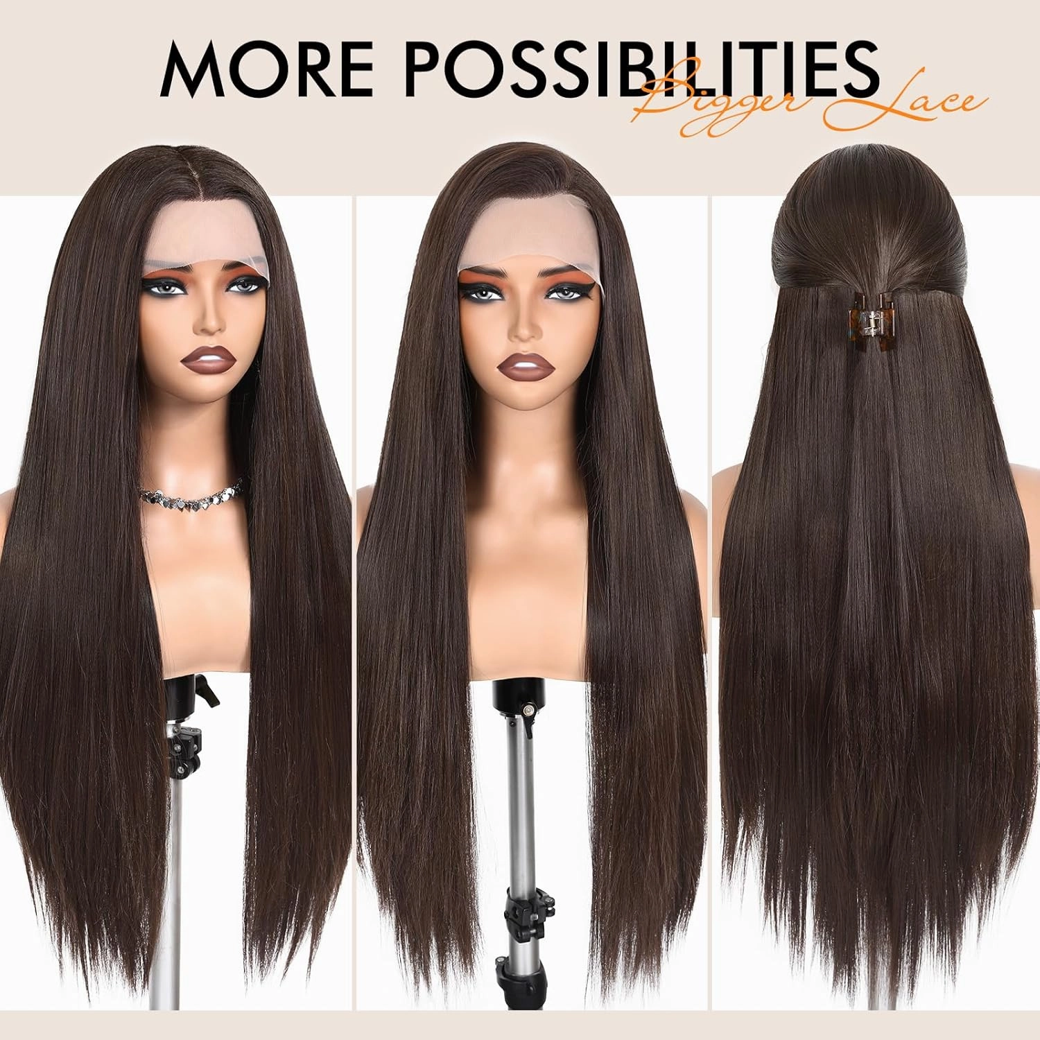 WIGNEE 13x4 Synthetic Lace Front Wig 28 Inch Silky Long Straight Wig Pre-Plucked Kanekalon Hair Glueless Wig with Natural Hairline Free Part Lace Front Wig Dark Brown Wigs for Black Women