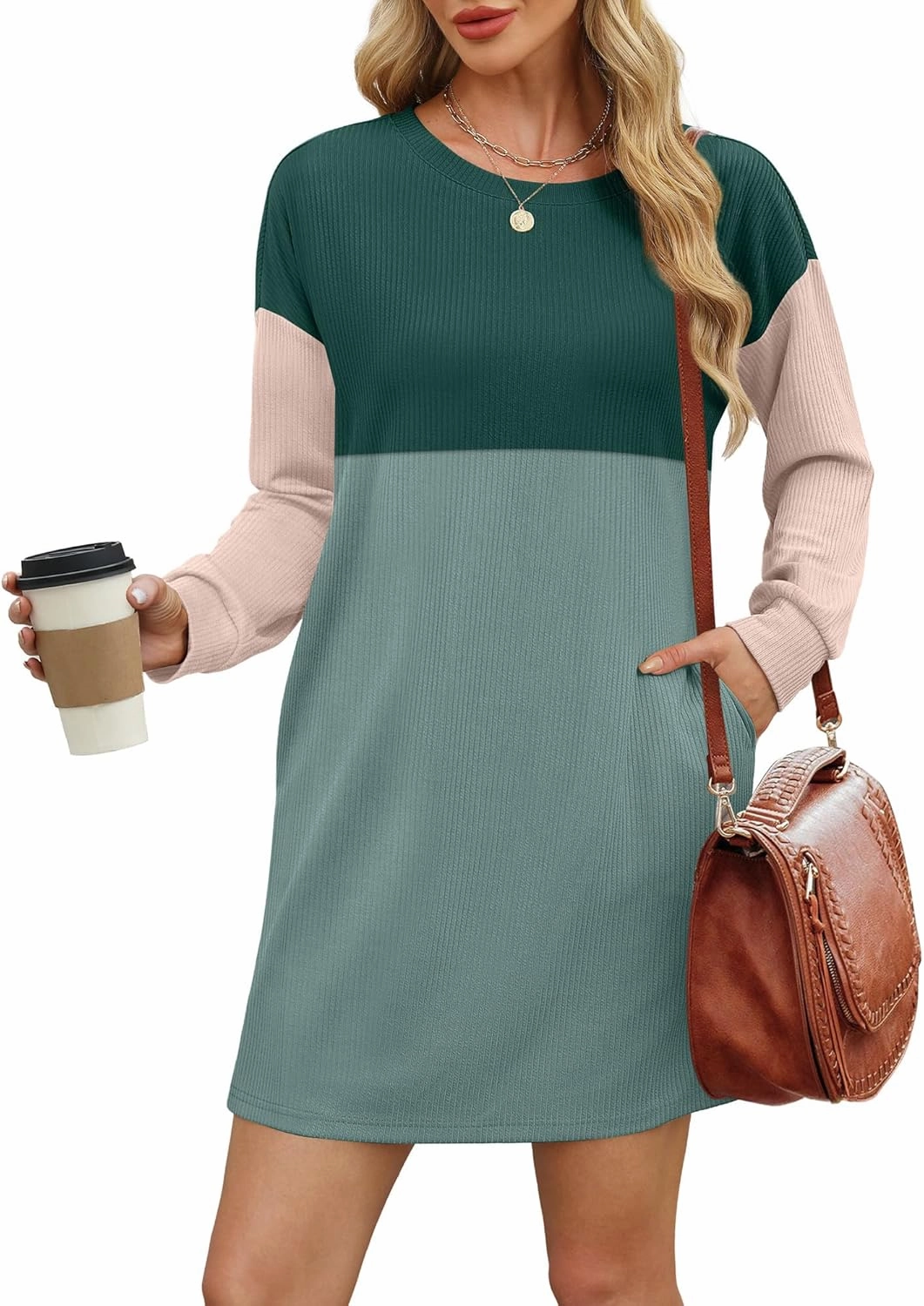 WIHOLL Womens Long Sleeve Dress Loose Fit Casual Crewneck Flowy Mini Dresses with Pockets Fall Fashion
