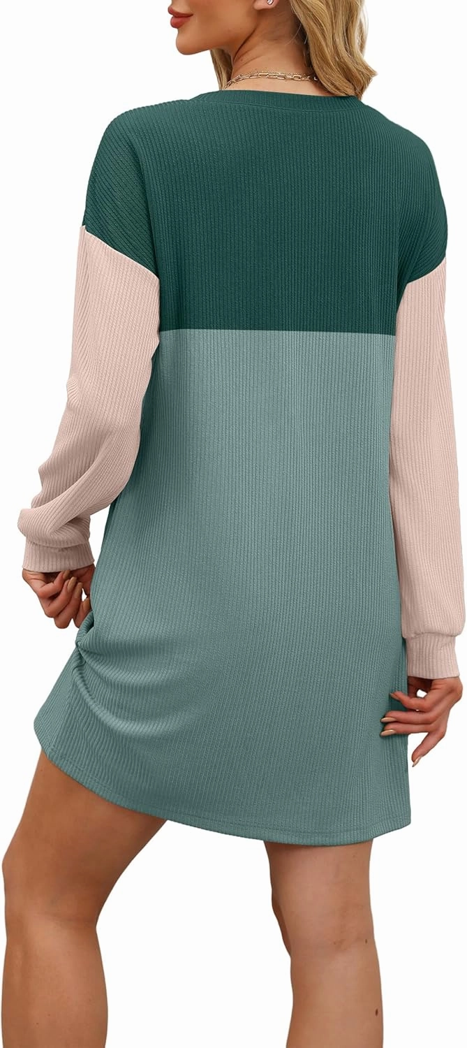 WIHOLL Womens Long Sleeve Dress Loose Fit Casual Crewneck Flowy Mini Dresses with Pockets Fall Fashion