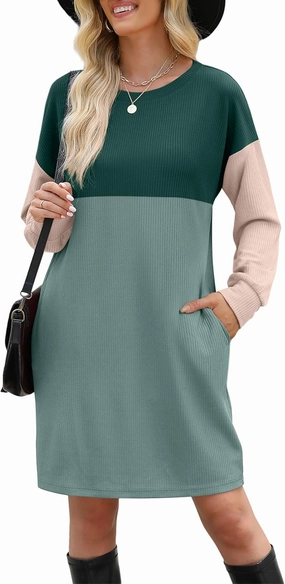 WIHOLL Womens Long Sleeve Dress Loose Fit Casual Crewneck Flowy Mini Dresses with Pockets Fall Fashion